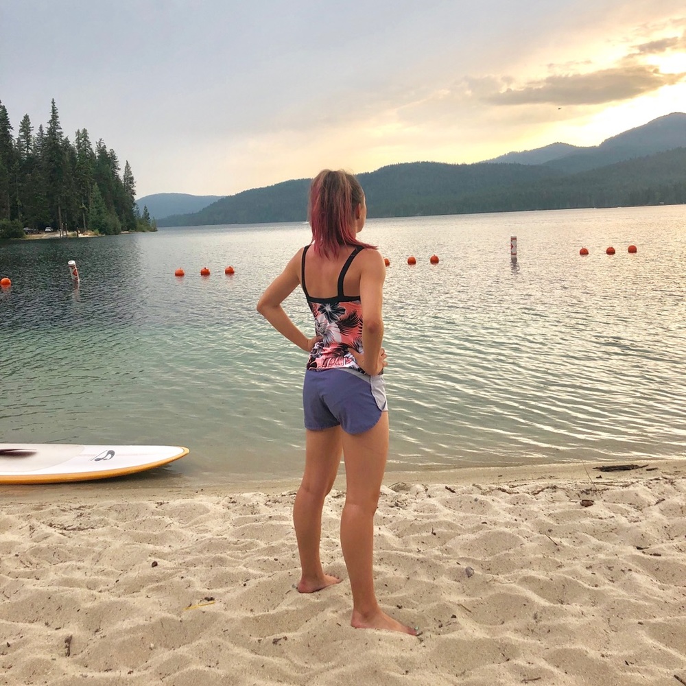 Lavender board shorts with 3 pockets